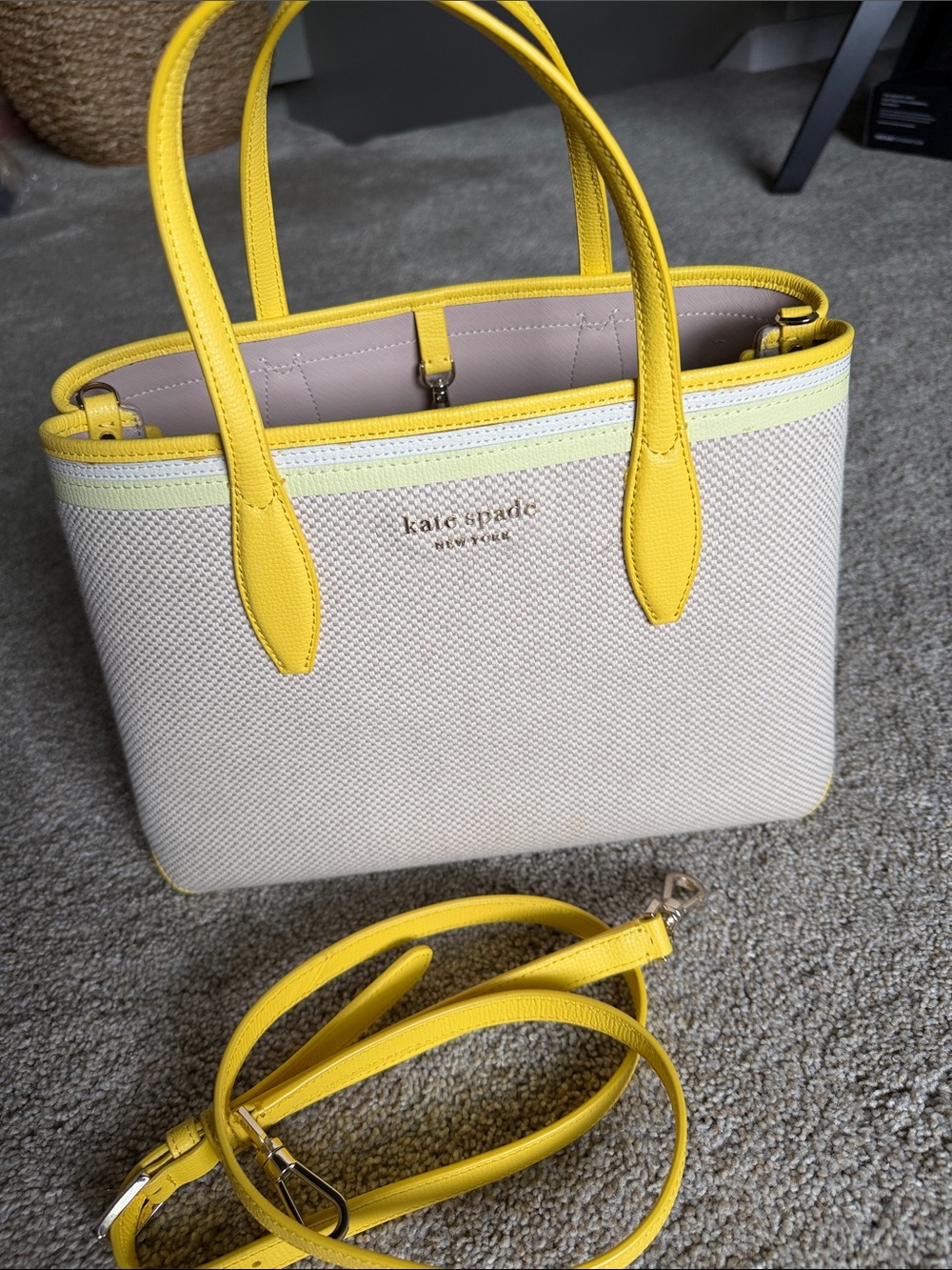 kate spade beige canvas tote with yellow trim